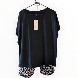 Black Top with Leopard Print Shorts